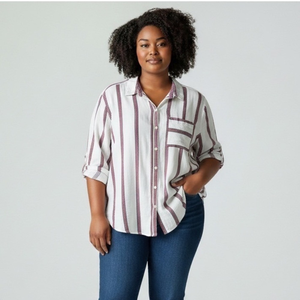 Liz Claiborne White Striped Coastal Casual Button Down Shirt, XL